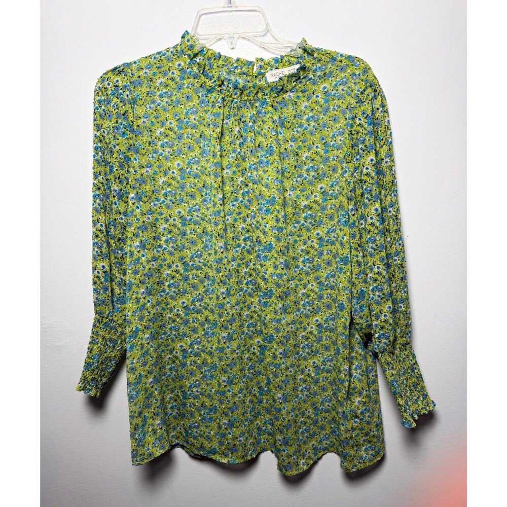 Rachel Zoe Women L Green/Blue Floral Chiffon High Neck Long Slv Button Blouse